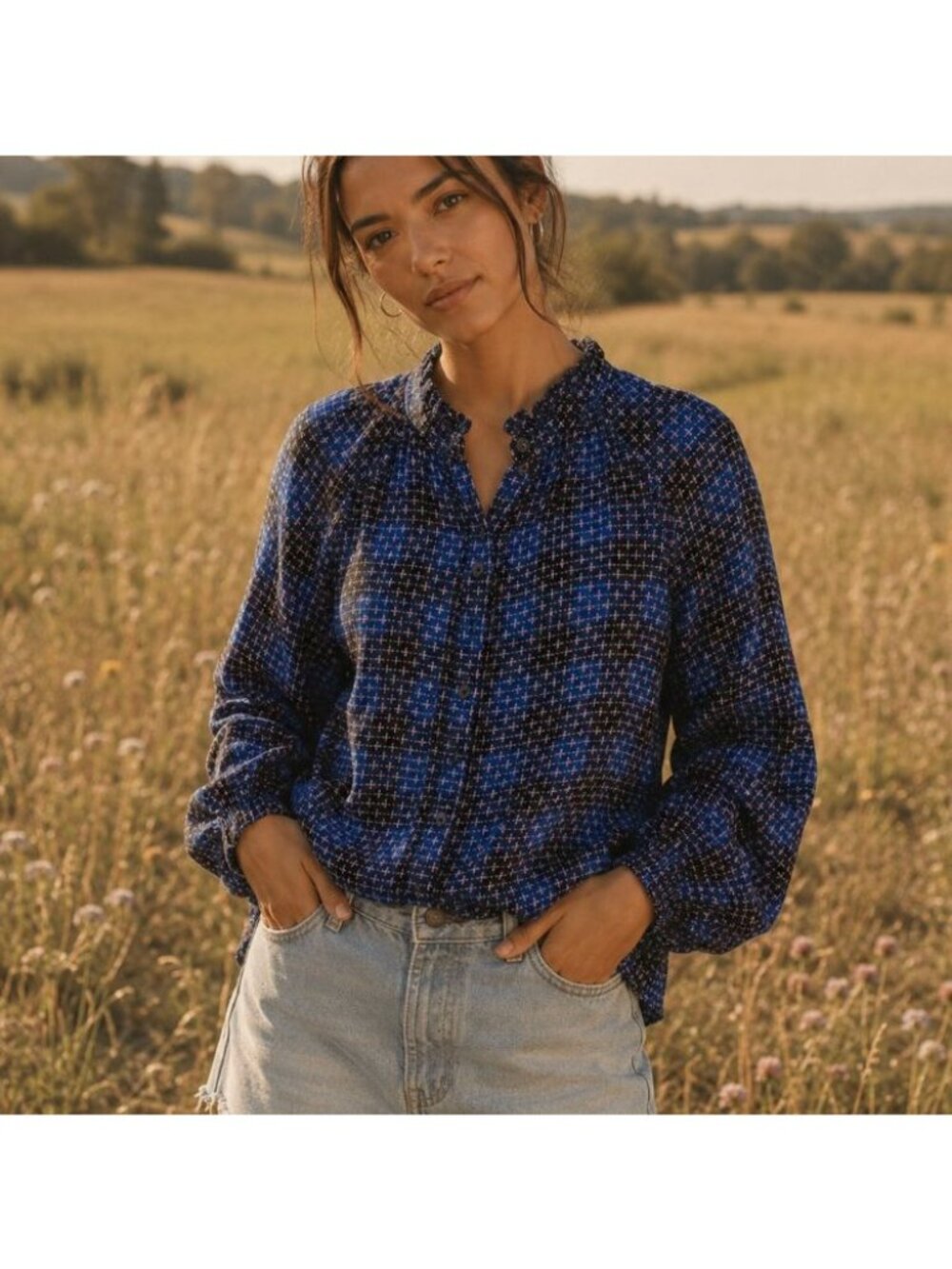 Anthropologie Pilcro Embroidered Plaid Button Up Size S Crew Neck Long Sleeve